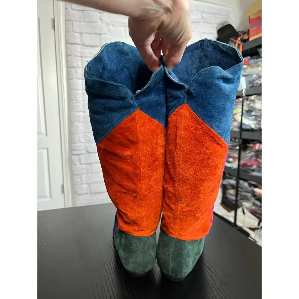 Amazing Vintage 80's Queen's Vibrant Suede Leather Colorblock Pointed Toe Boots
